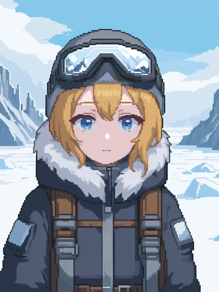 15479-109598856-_lora_pixel style-000007_0.7_,pixel style,Imagine a resilient and beautiful woman leading an Arctic expedition. She's bundled in.png